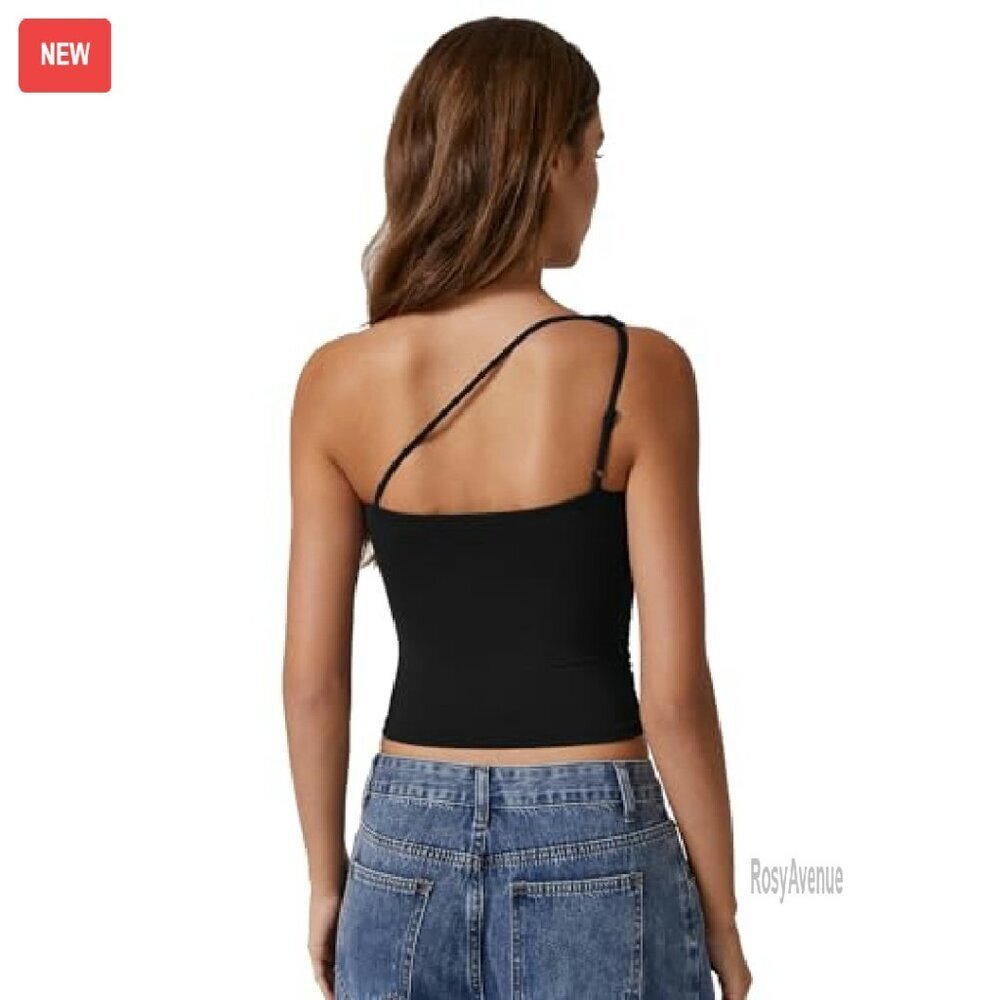 One Shoulder Double Lined Tank Top Slim Fit Cropped Tee - Picture 3 of 8